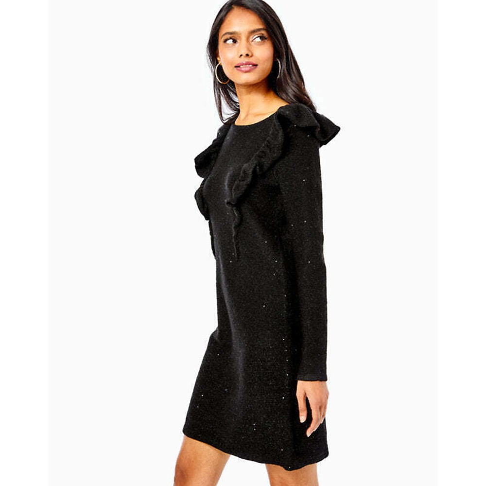 NWT Lilly Pulitzer Ruth Black Sequin Ruffle Knit Sweater Dress Sz L Long Sleeve